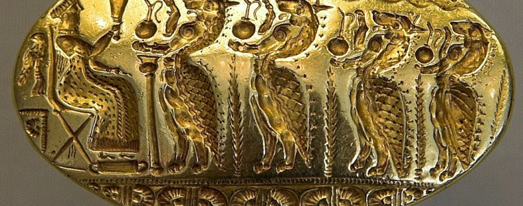 Greek gold carving of a daimon goddess and servants
